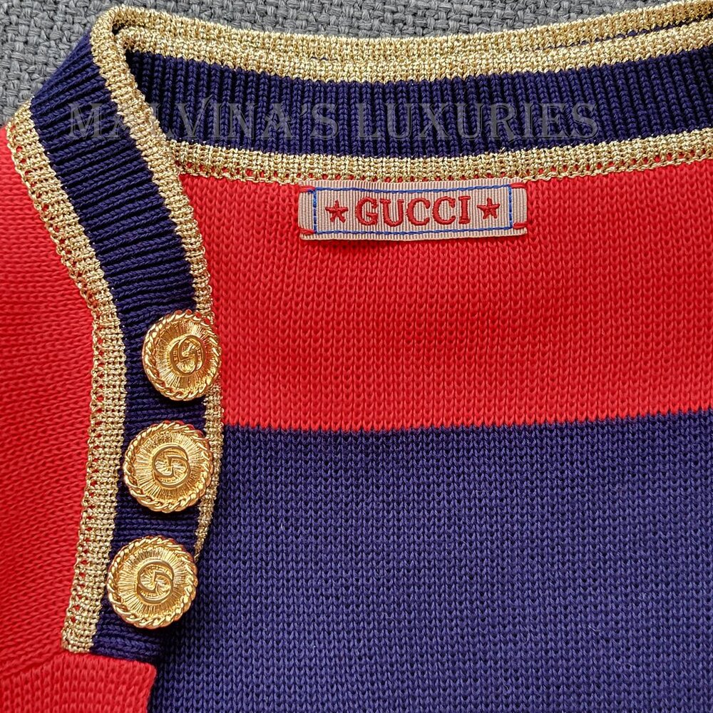 GUCCI SWEATER STRIPED COTTON RED & BLUE JUMPER w LOGO BUTTONS - Picture 12 of 15